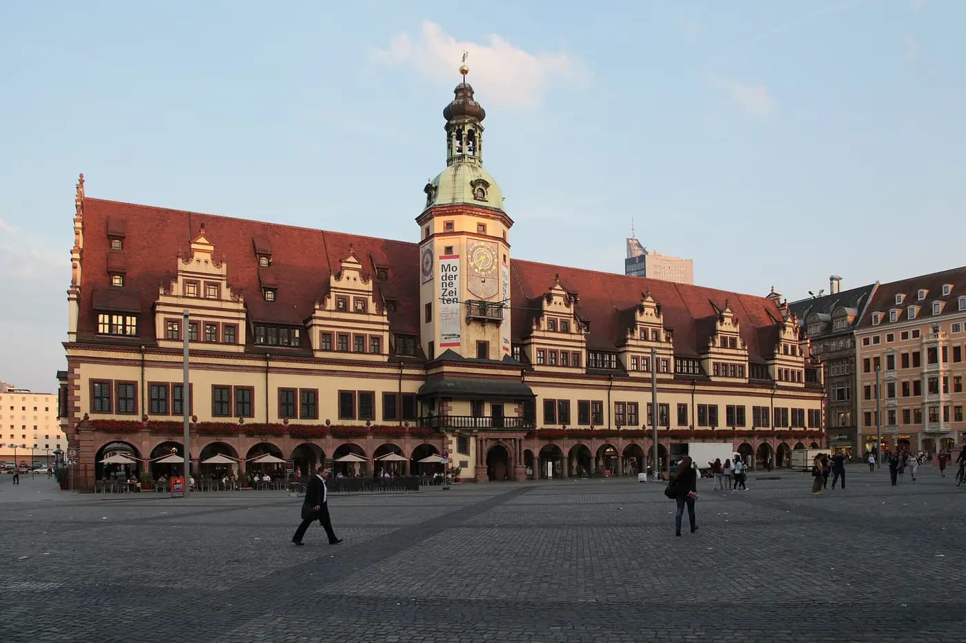 The Renaissance Old Town Hall with its clock tower facing Leipzig market square
