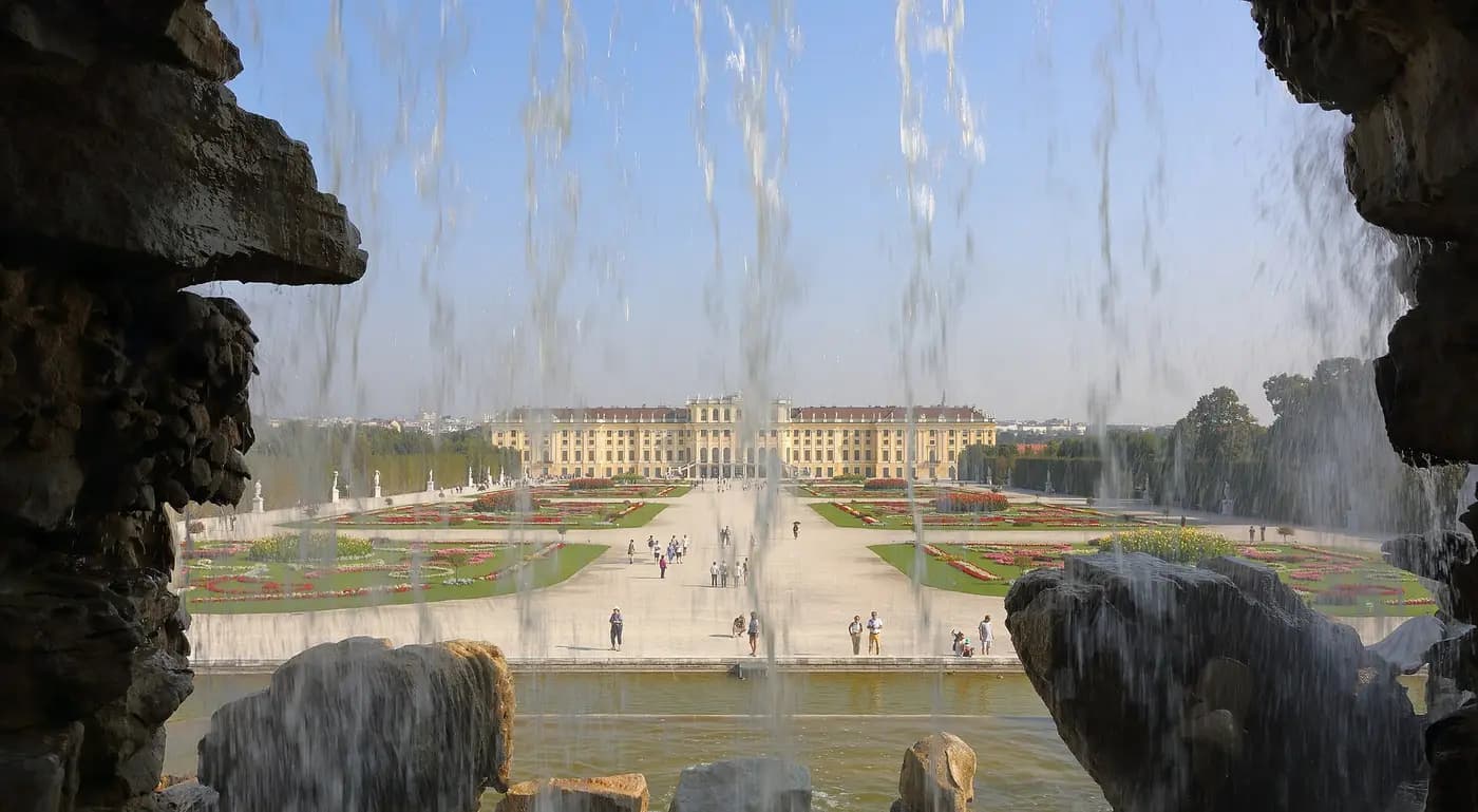 Schönbrunn Palace in Vienna seen from the Neptune Fountain