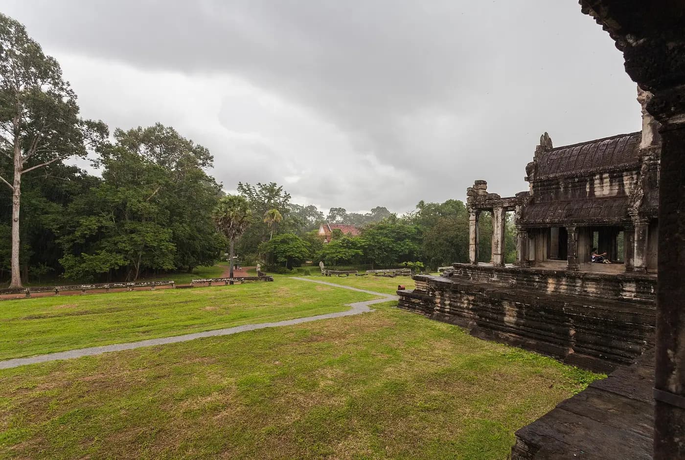 The towers of Angkor Wat rising behind its causeway, Cambodia