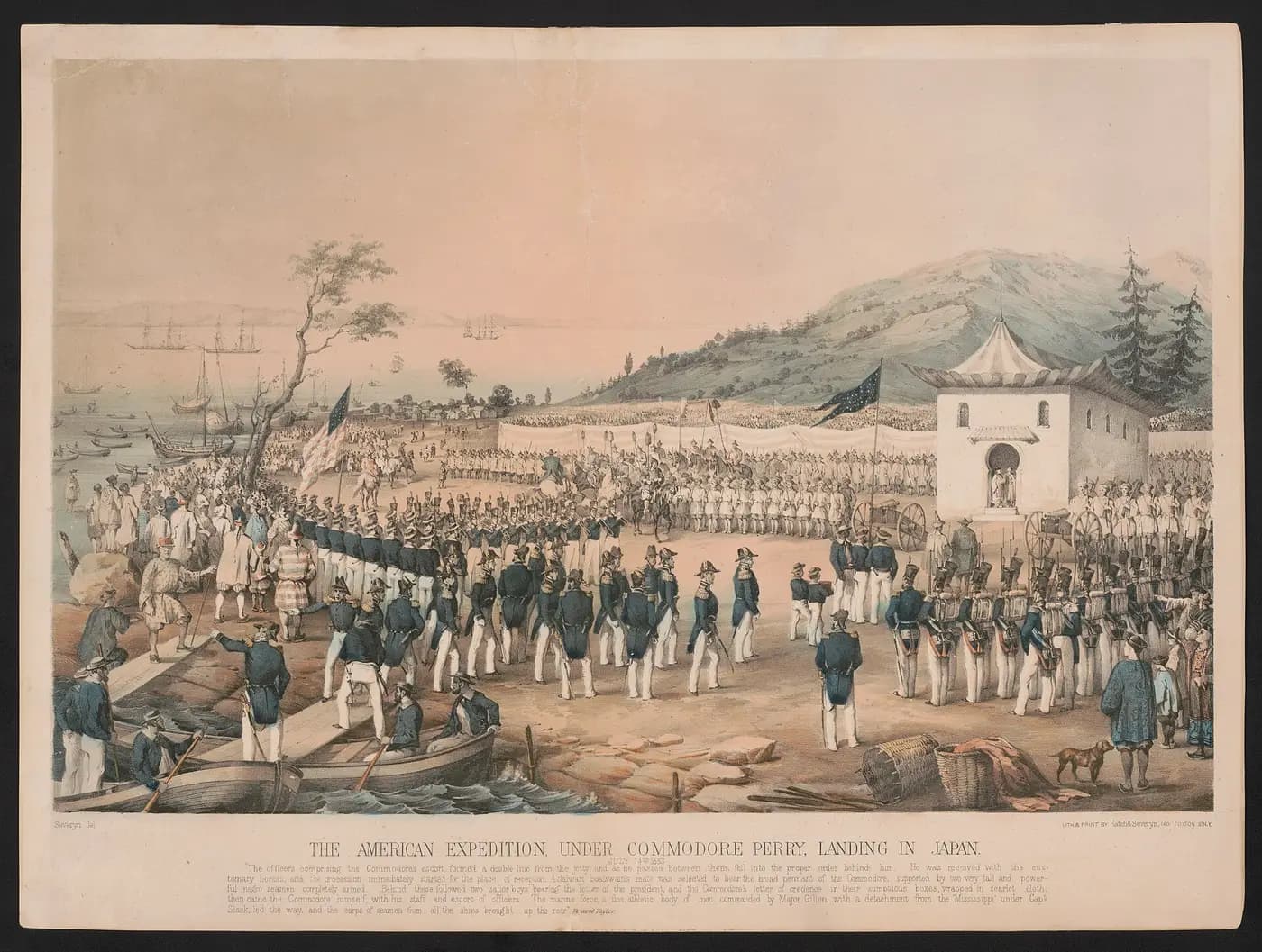 Hand-coloured 1853 print of Perry's sailors and marines landing on the beach at Kurihama
