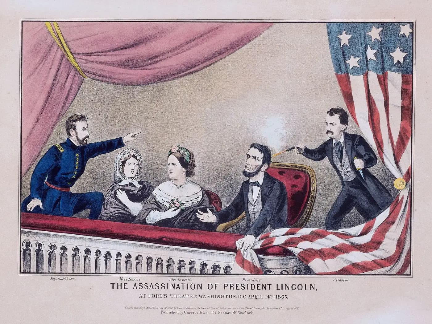 Currier and Ives print of John Wilkes Booth shooting Lincoln in the presidential box at Ford's Theatre