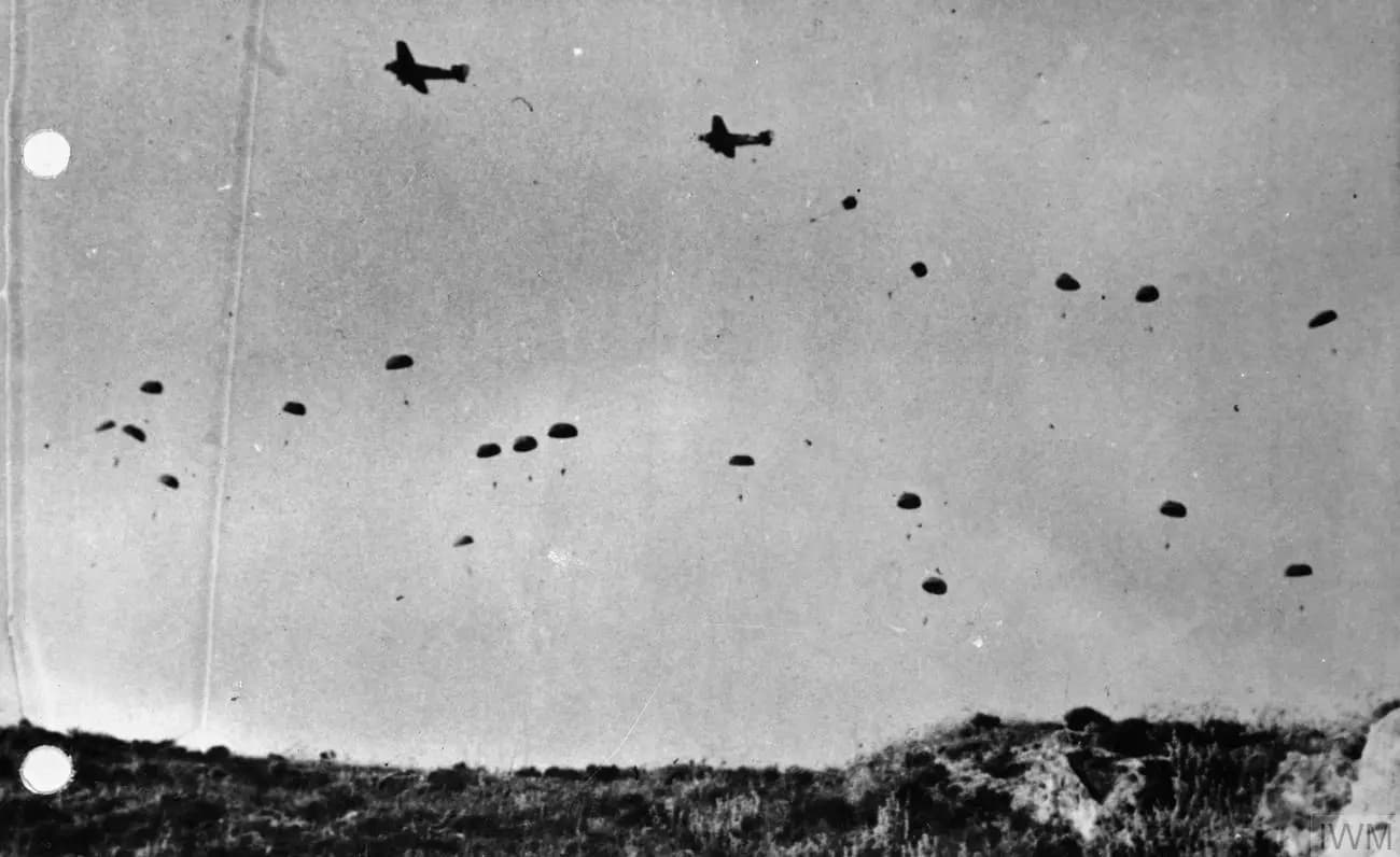German paratroopers jumping from Ju 52 transport aircraft over Crete in May 1941
