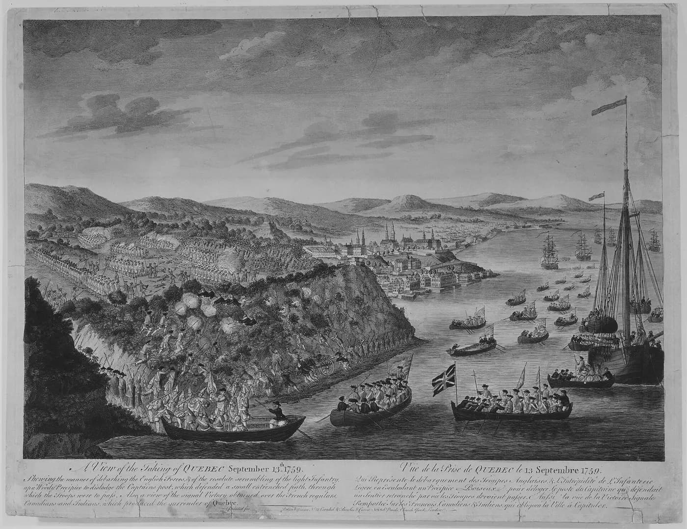 18th-century print of British troops landing below the cliffs and fighting on the heights above Quebec