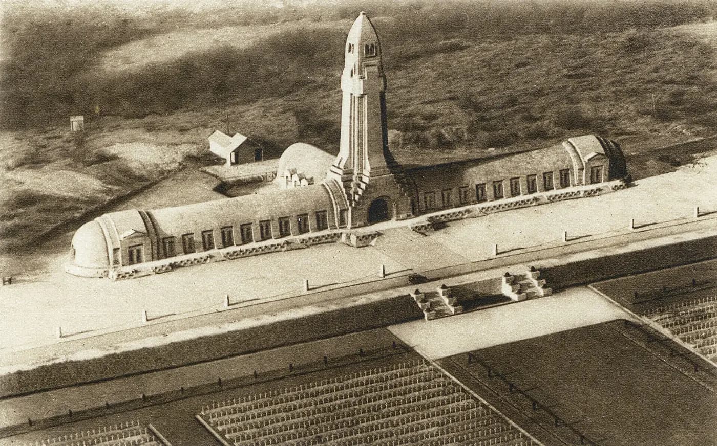 The Douaumont Ossuary on the Verdun battlefield, with its long cloister and tower