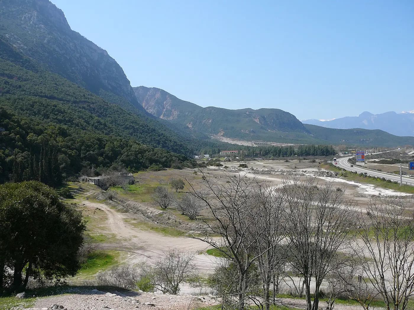 The Thermopylae pass today, where the ancient shoreline once ran close under the mountain