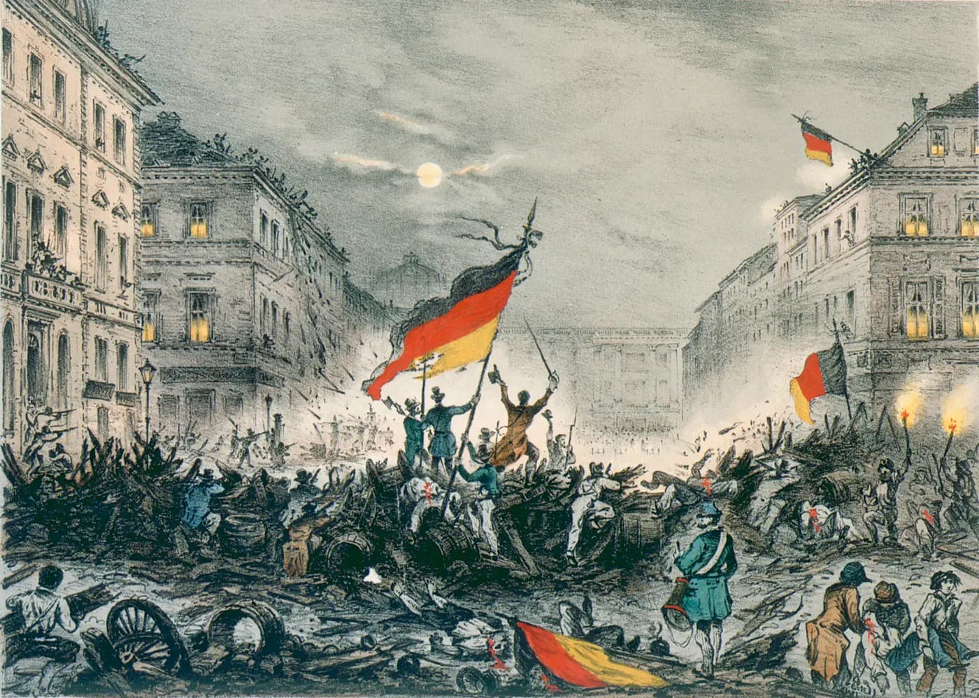 Contemporary coloured lithograph of Berliners fighting from a barricade under black-red-gold flags in March 1848