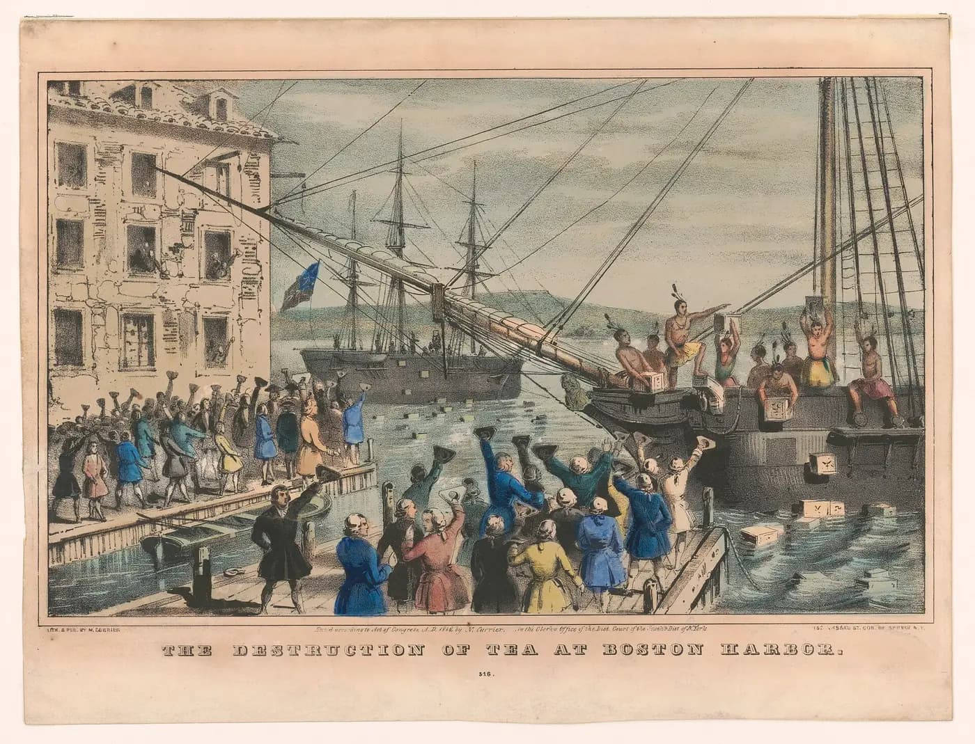 Hand-coloured 1846 lithograph of colonists throwing chests of tea from a ship into Boston Harbor