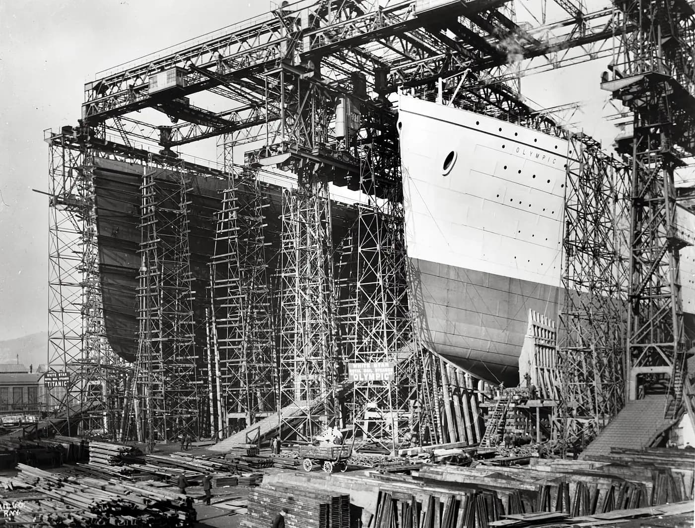 Olympic and Titanic rising side by side under the gantry at Harland & Wolff, Belfast, 1910