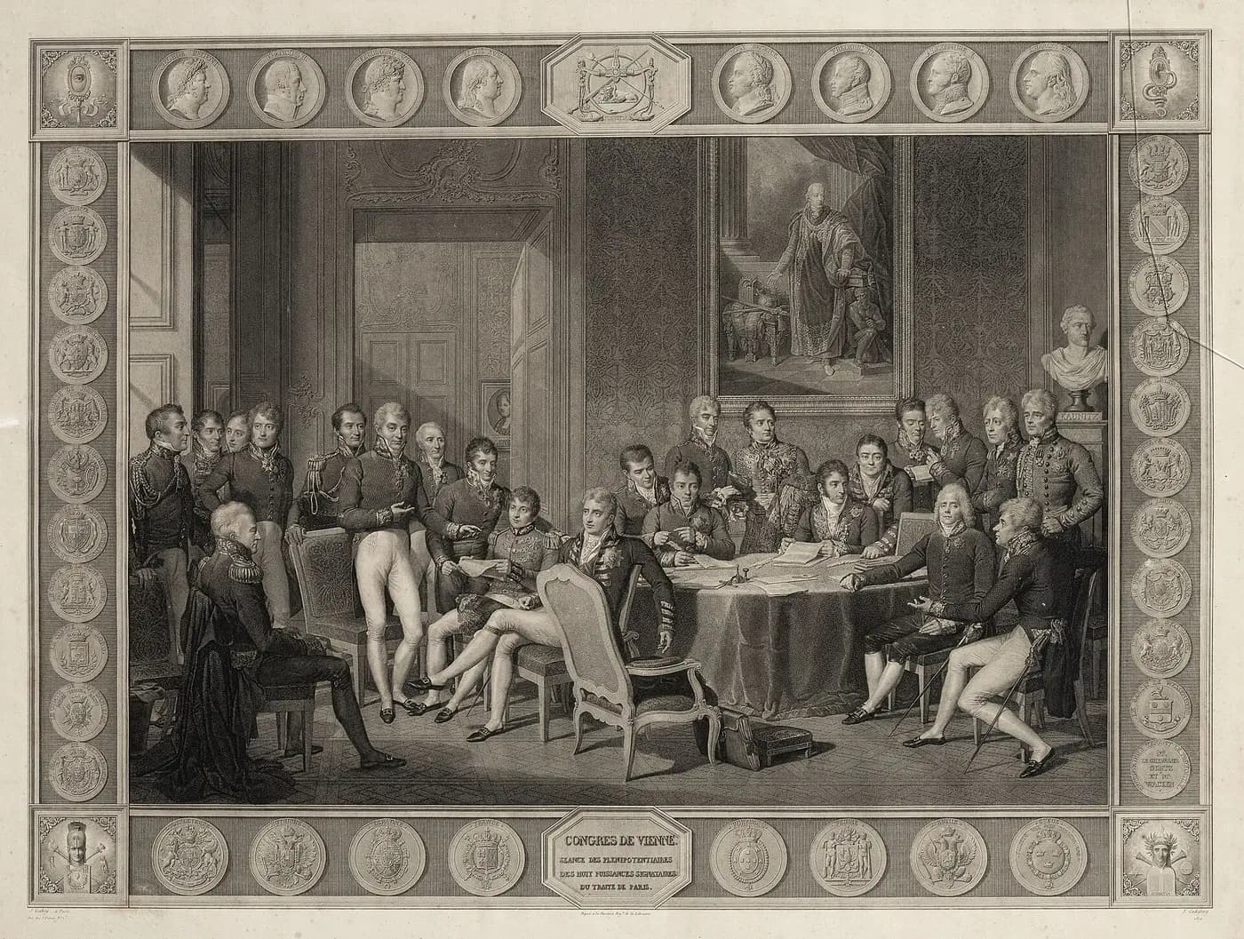 1819 engraving after Isabey of the Congress of Vienna's diplomats gathered around a conference table