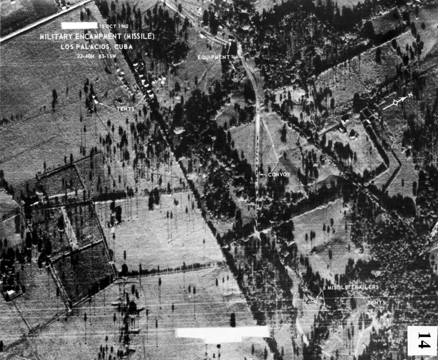 U-2 reconnaissance photograph of Soviet missile equipment near San Cristobal, Cuba, October 1962