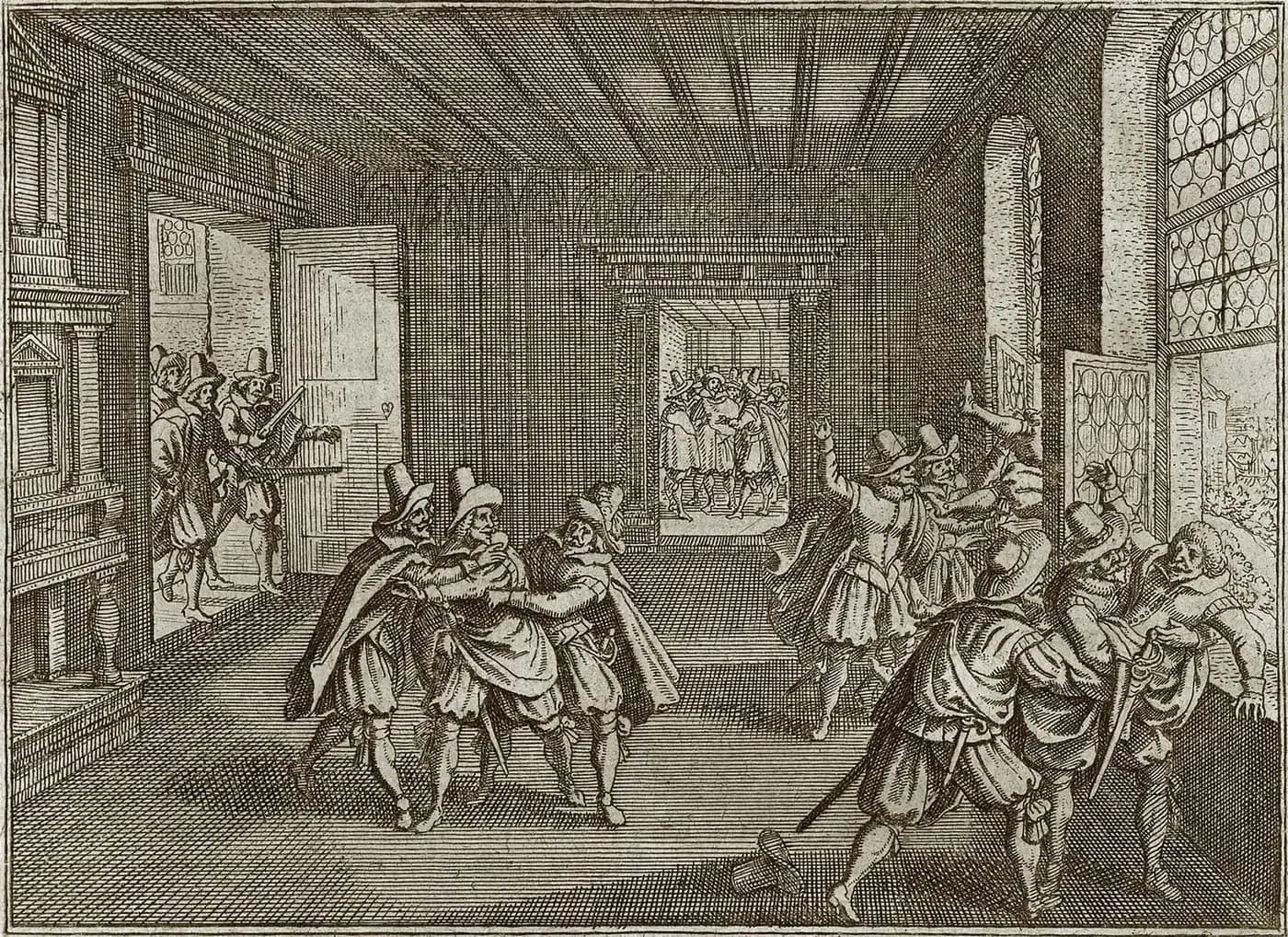 Seventeenth-century engraving of Protestant nobles throwing the royal governors from a Prague Castle window