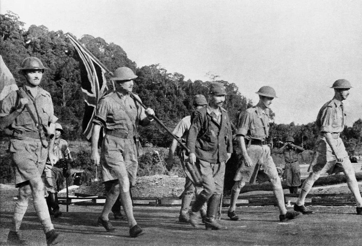 General Percival's party carrying a Union flag and a white flag to surrender, 15 February 1942