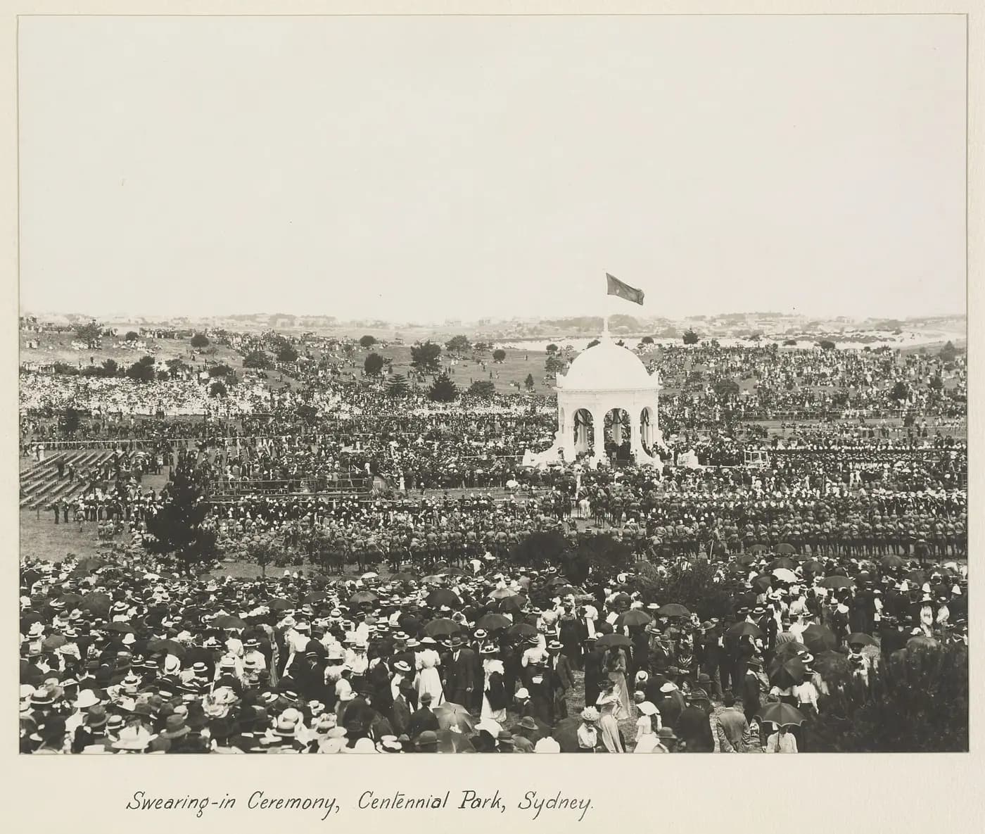 Crowds around the domed Federation Pavilion in Centennial Park on 1 January 1901