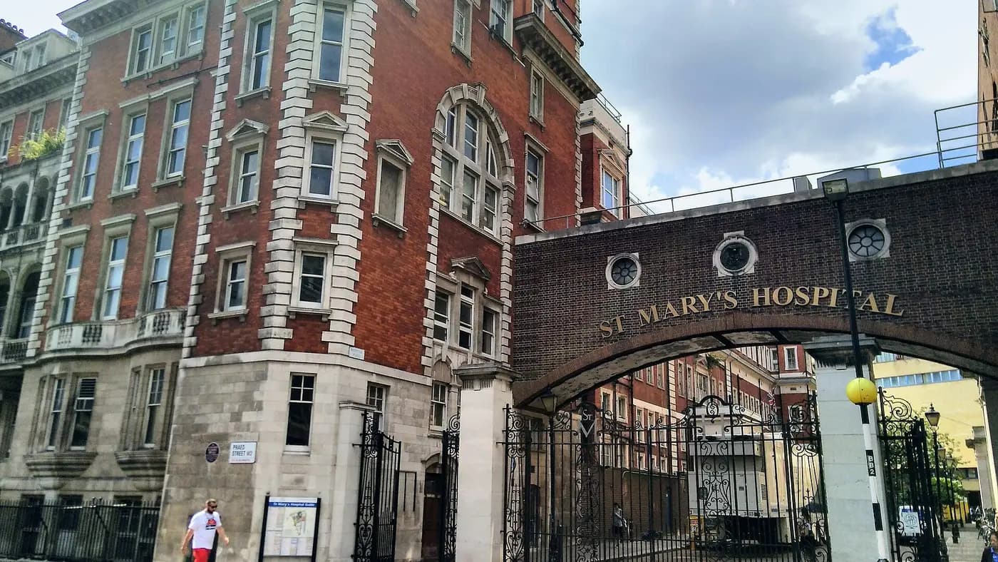The gate of St Mary's Hospital, Paddington, beside the Alexander Fleming Laboratory Museum