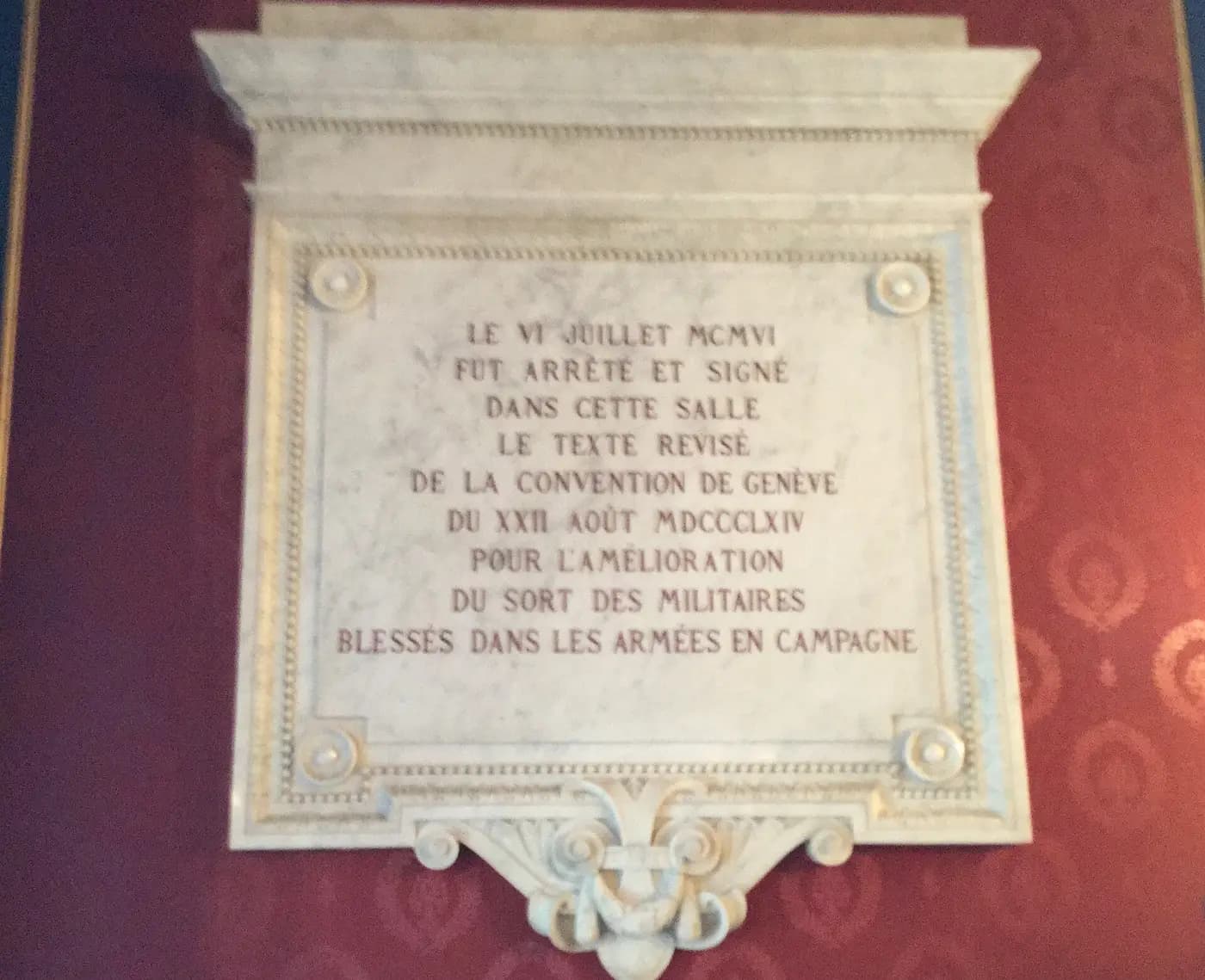 Commemorative plaque in the Alabama Room of Geneva Town Hall, where the first Geneva Convention was prepared