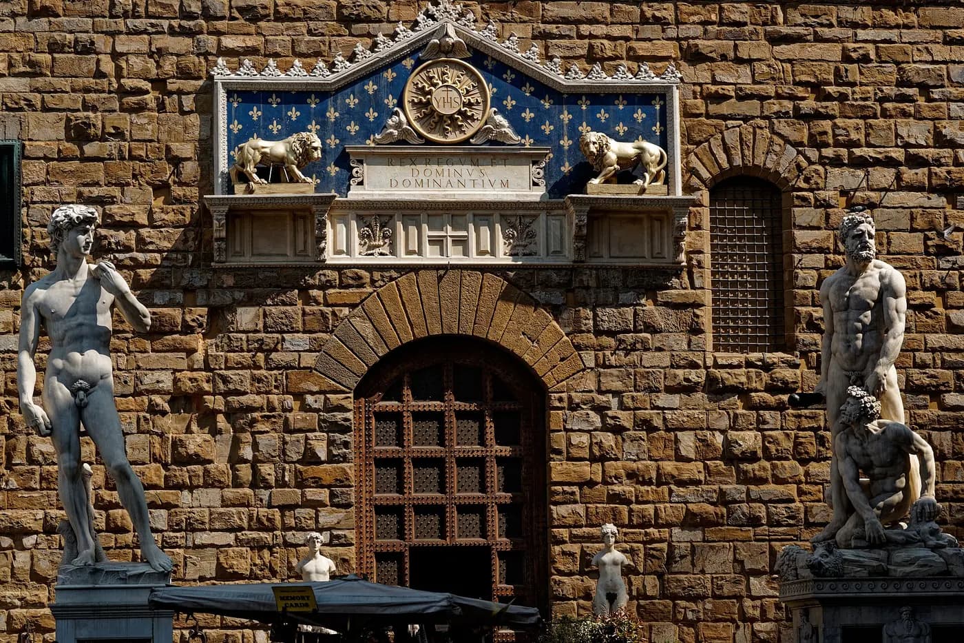 The copy of Michelangelo's David beside the door of the Palazzo Vecchio, where the original stood