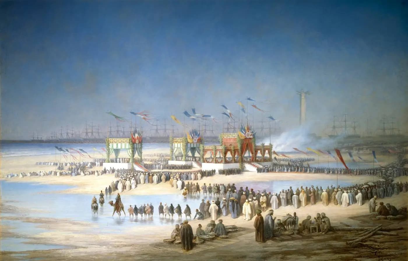 Nineteenth-century print of the ships and crowds at the inauguration of the Suez Canal in 1869