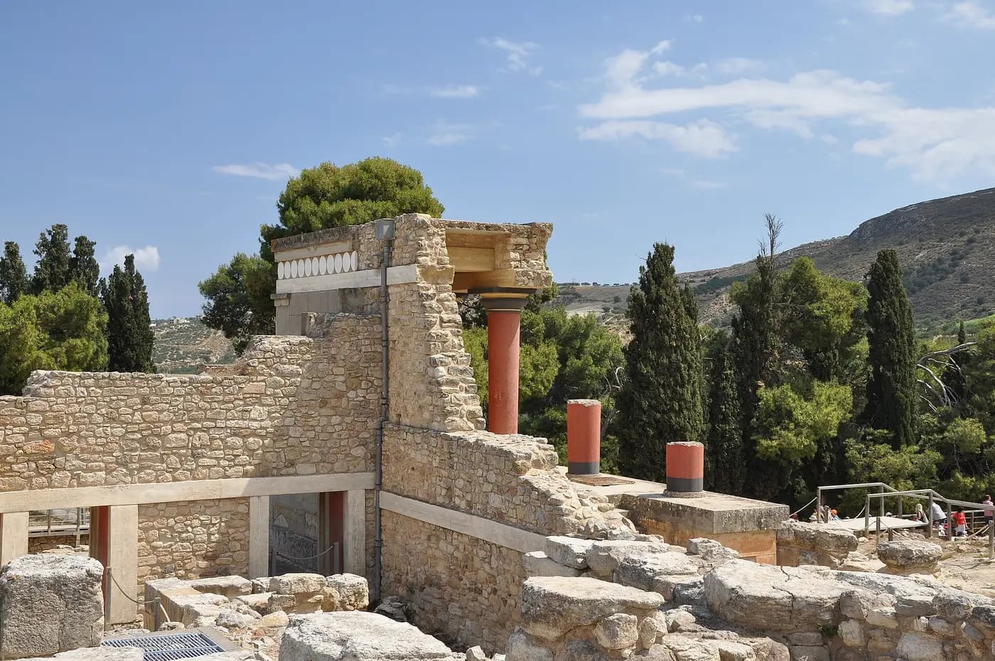 The reconstructed north entrance of the Minoan Palace of Knossos with painted red columns