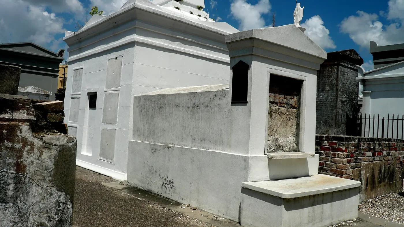 Whitewashed family tombs in St. Louis Cemetery No. 1, New Orleans, where Homer Plessy is buried