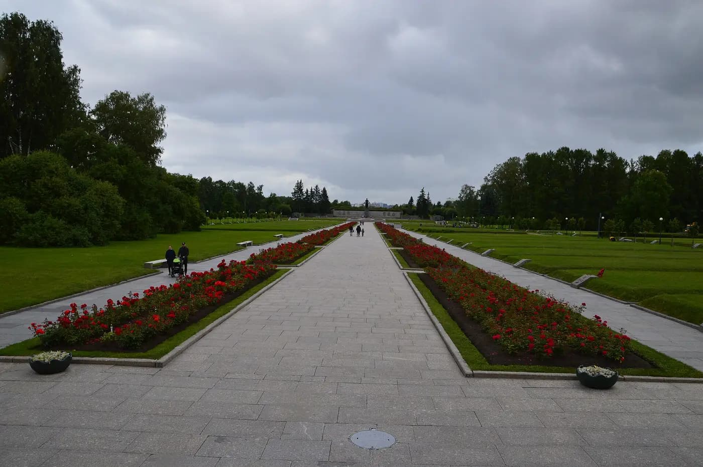 The central area of Piskaryovskoye Memorial Cemetery, St Petersburg, seen from the entrance