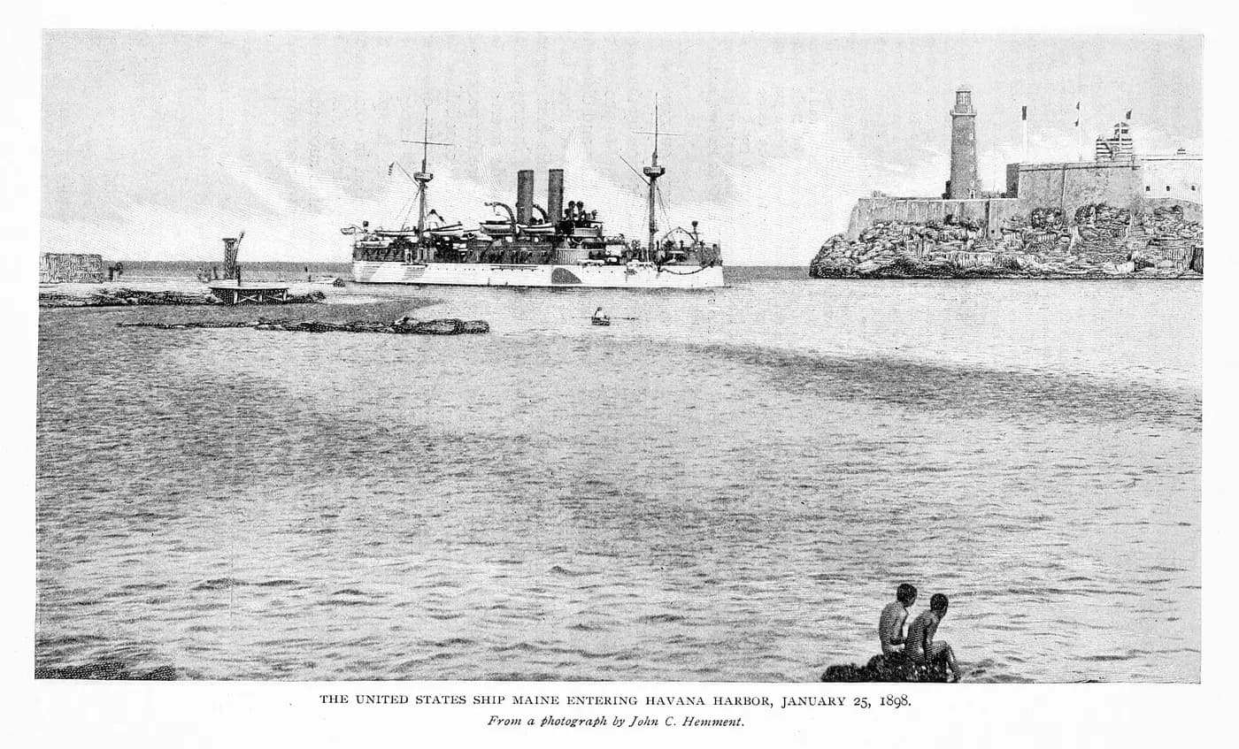 The battleship USS Maine steaming into Havana harbour in January 1898, weeks before she exploded