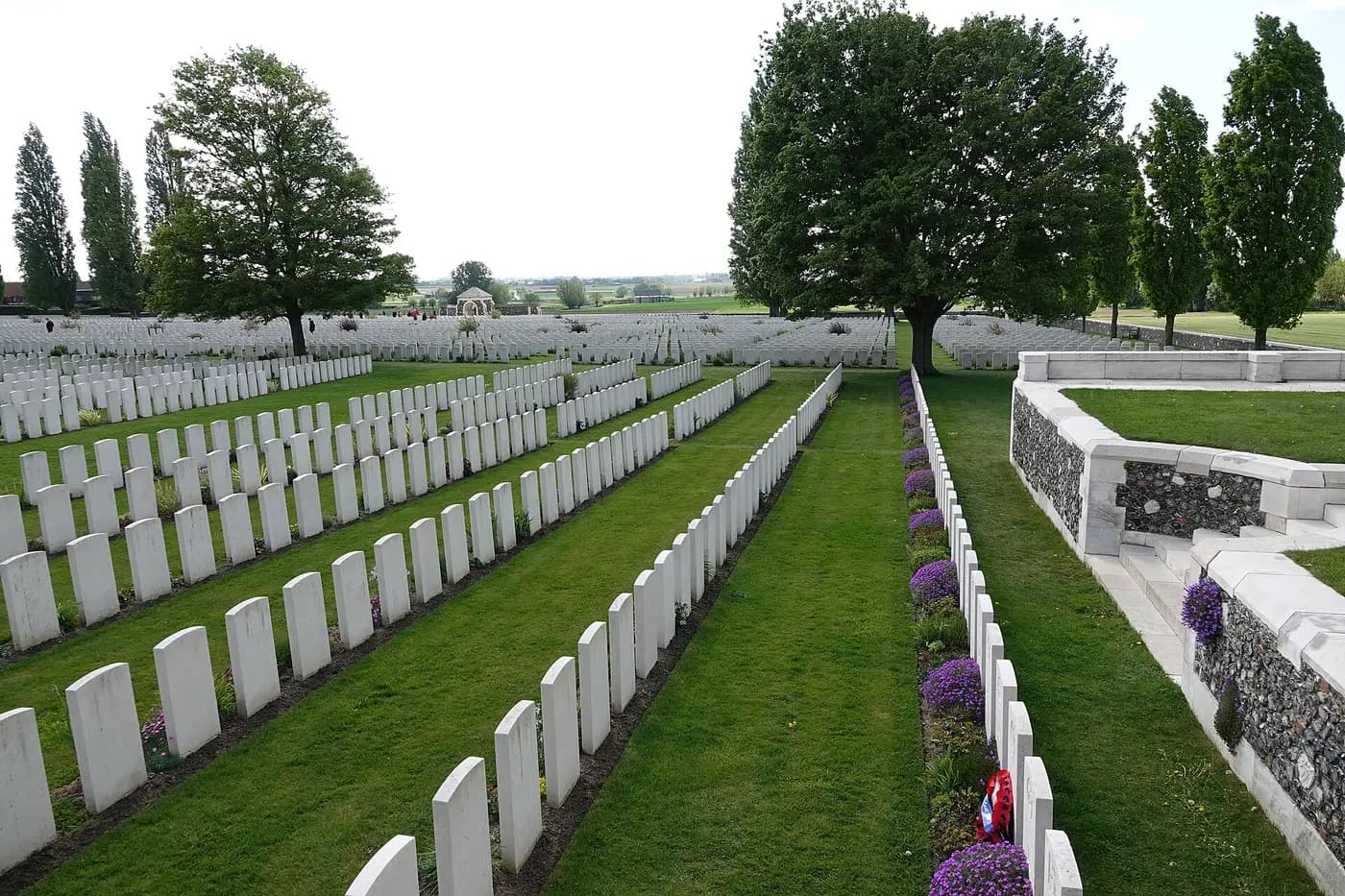 Rows of white headstones at Tyne Cot Commonwealth war cemetery